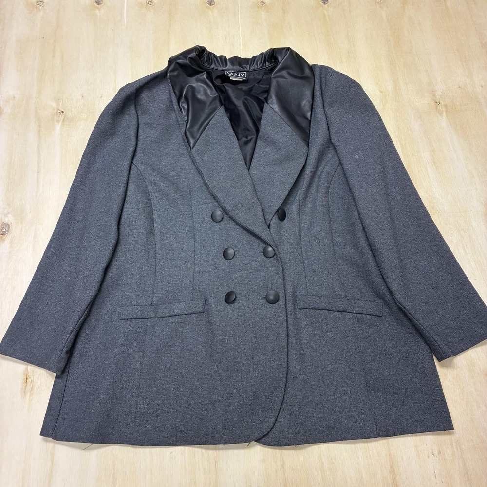 Vintage Vany Blazer Jacket Womens 18W Gray Faux Leather Collar Tuxedo Lined